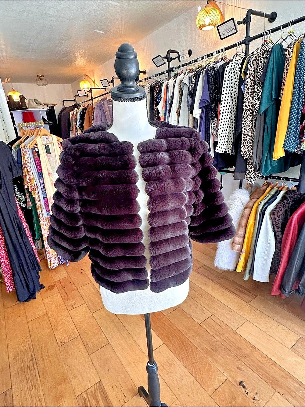 BCBGMAXAZRIA Black Channeled Faux Fur Cropped Jacket